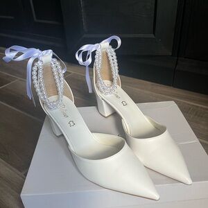 White Pearl-Embellished Women's Closed Pointed Toe Heels